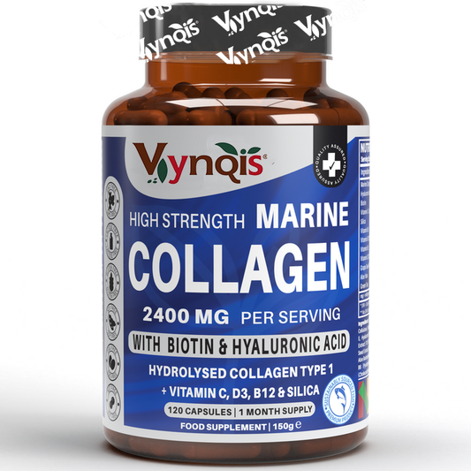 Marine Collagen Complex (Capsules), 2400mg Hydrolysed Marine Collagen (Type 1), Hyaluronic VYNQIS™ Acid, Biotin, Silica, Vitamin C, D3, B6 and B12 | UK