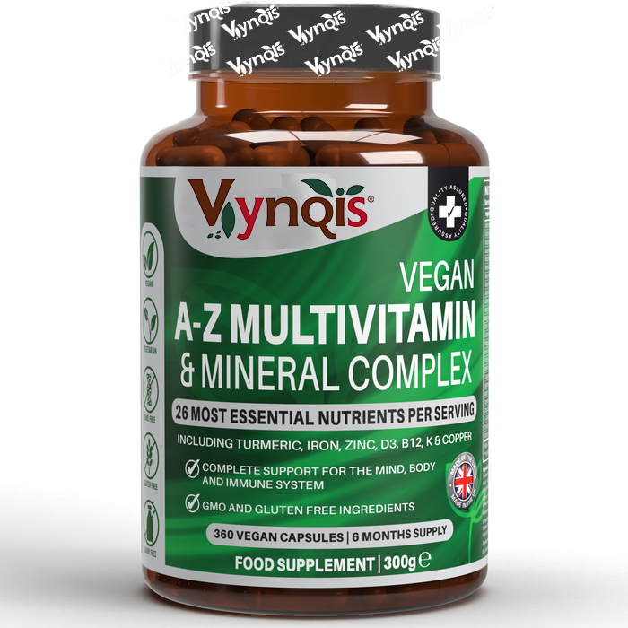 VYNQIS™ Vegan A-Z Multivitamin & Mineral Complex (26 Essential Nutrients), 360 Capsules (6 months) | Healthy Mind, Body and Immune System | Made in the UK