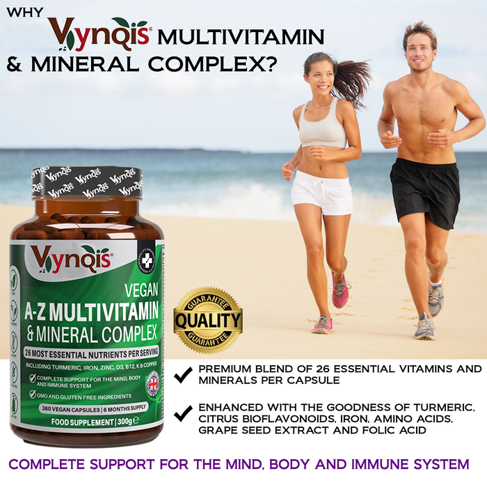 VYNQIS™ Vegan A-Z Multivitamin & Mineral Complex (26 Essential Nutrients), 360 Capsules (6 months) | Healthy Mind, Body and Immune System | Made in the UK