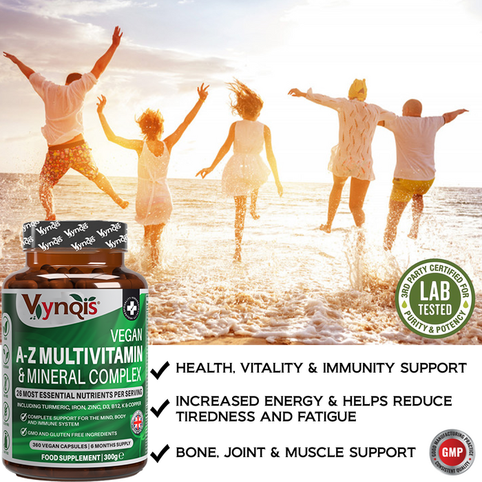 VYNQIS™ Vegan A-Z Multivitamin & Mineral Complex (26 Essential Nutrients), 360 Capsules (6 months) | Healthy Mind, Body and Immune System | Made in the UK