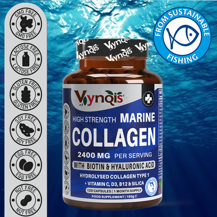 Marine Collagen Complex (Capsules), 2400mg Hydrolysed Marine Collagen (Type 1), Hyaluronic Acid, Biotin, Silica, Vitamin C, D3, B6 and B12 | UK