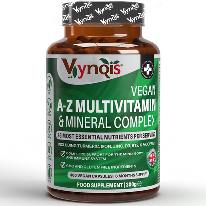 Vegan A-Z Multivitamin & Mineral Complex (26 Essential Nutrients), 360 Capsules (6 months) | Healthy Mind, Body and Immune System | Made in the UK