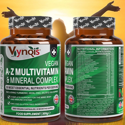 Vegan A-Z Multivitamin & Mineral Complex (26 Essential Nutrients), 360 Capsules (6 months) | Healthy Mind, Body and Immune System | Made in the UK