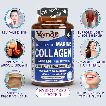 Marine Collagen Complex (Capsules), 2400mg Hydrolysed Marine Collagen (Type 1), Hyaluronic Acid, Biotin, Silica, Vitamin C, D3, B6 and B12 | UK