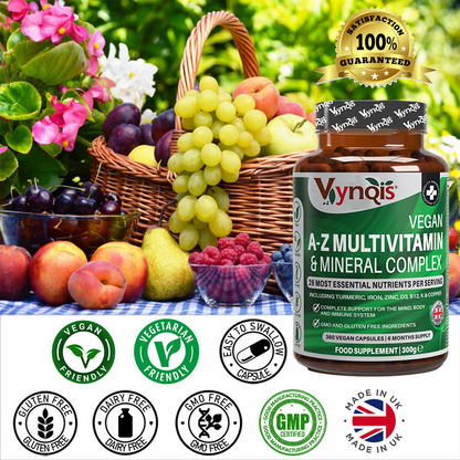 Vegan A-Z Multivitamin & Mineral Complex (26 Essential Nutrients), 360 Capsules (6 months) | Healthy Mind, Body and Immune System | Made in the UK