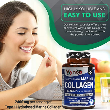 Marine Collagen Complex (Capsules), 2400mg Hydrolysed Marine Collagen (Type 1), Hyaluronic Acid, Biotin, Silica, Vitamin C, D3, B6 and B12 | UK