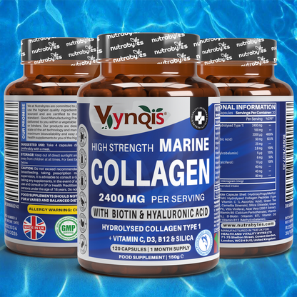 Marine Collagen Complex (Capsules), 2400mg Hydrolysed Marine Collagen (Type 1), Hyaluronic Acid, Biotin, Silica, Vitamin C, D3, B6 and B12 | UK