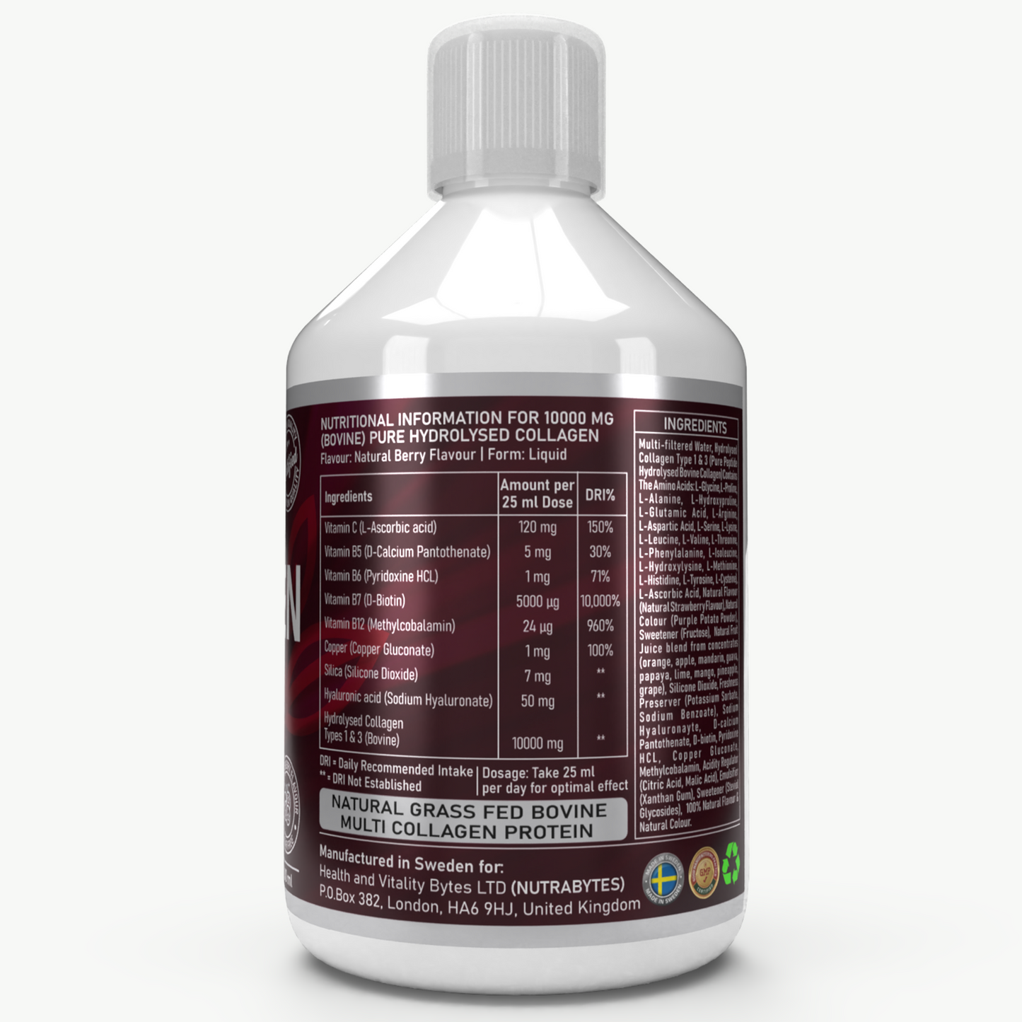 Liquid Bovine Collagen 10,000mg with Hyaluronic Acid (50mg) and Biotin (5,000μg), 19 Amino Acids, Berry Flavour (Collagen Types 1 & 3)